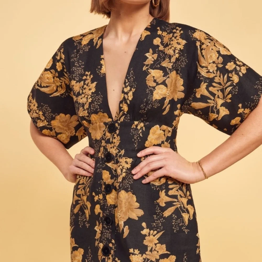 NWOT Reformation Ty Plunge V Neck Kimono Sleeve Floral Linen Mini - Size 2 - Picture 10 of 11